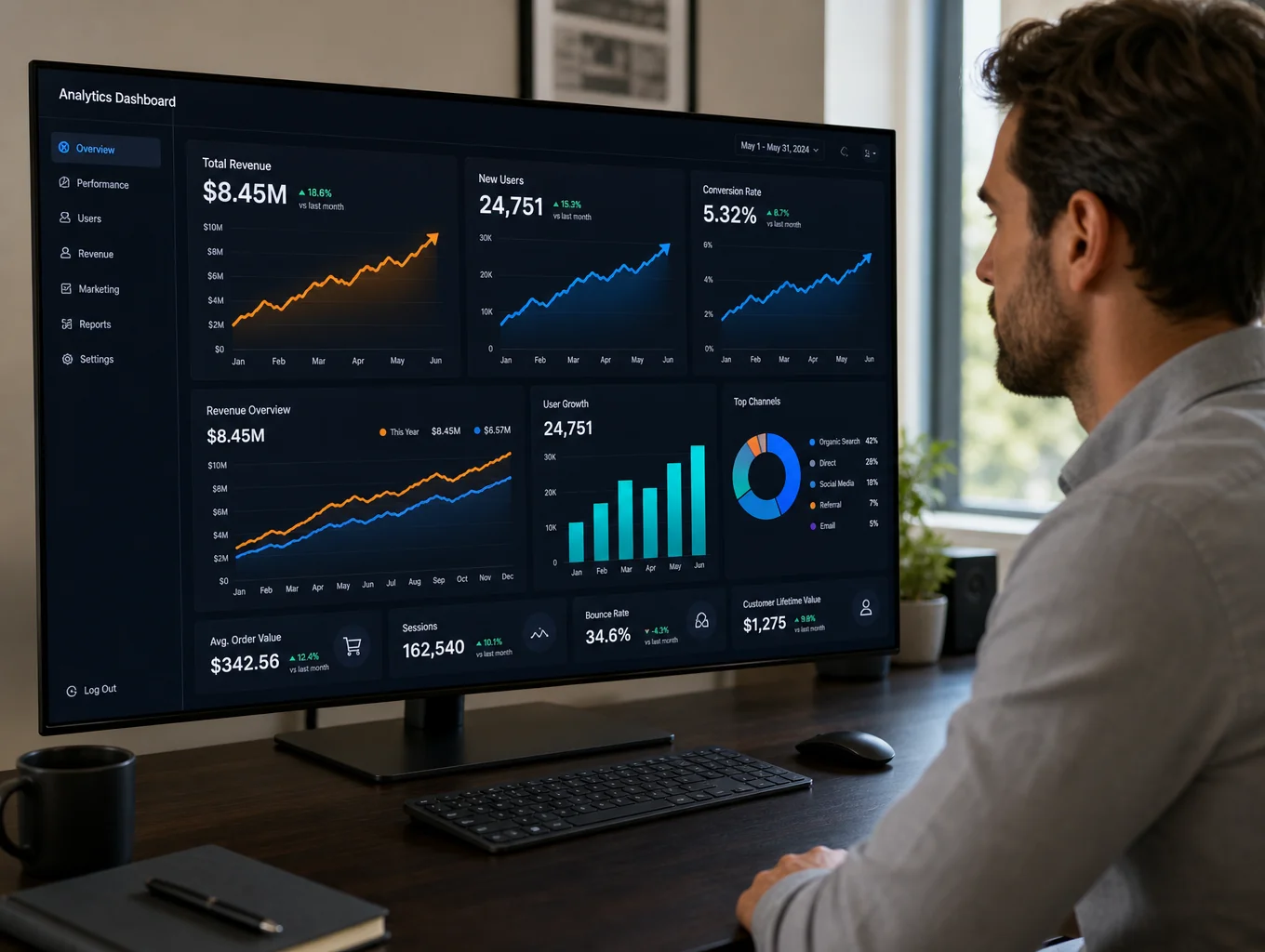 Strategic AI audit dashboard showing growth metrics
